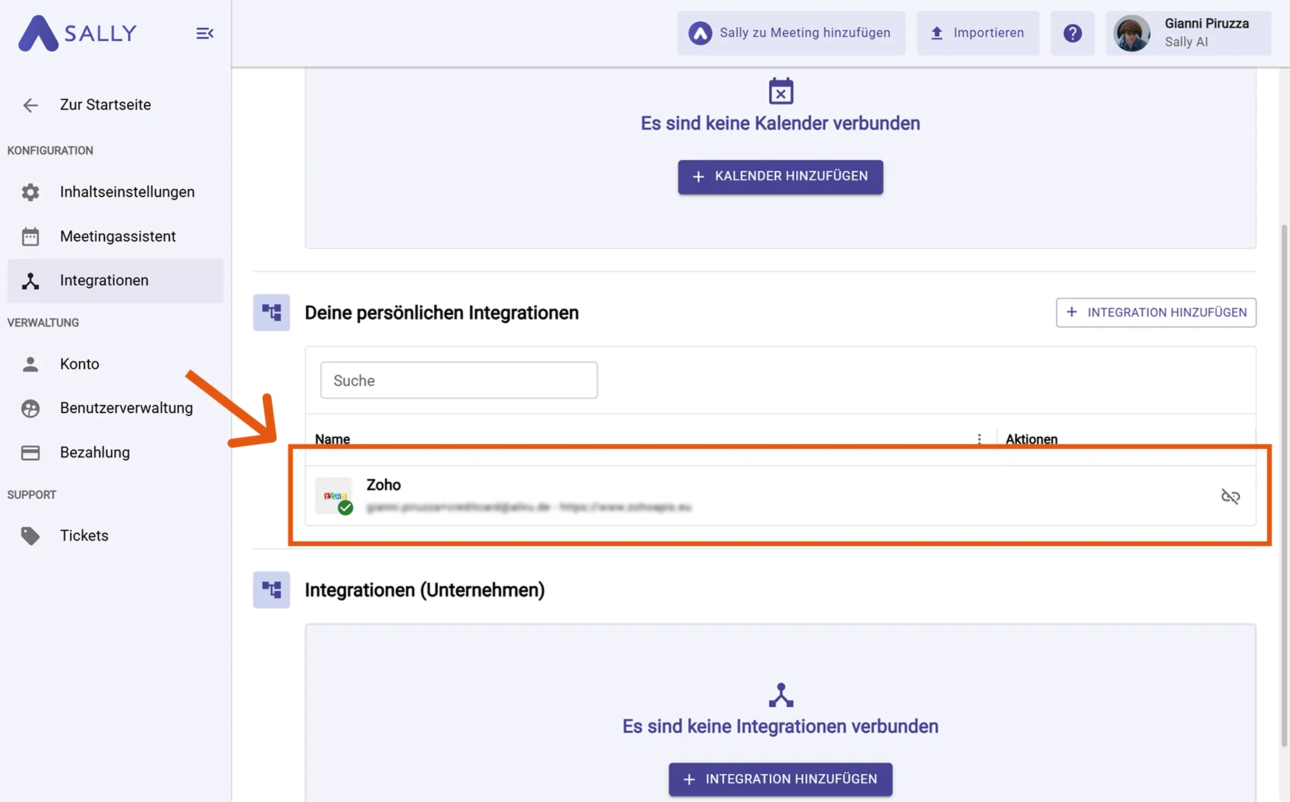 Zoho unter deinen persönlichen Integrationen aufgelistet