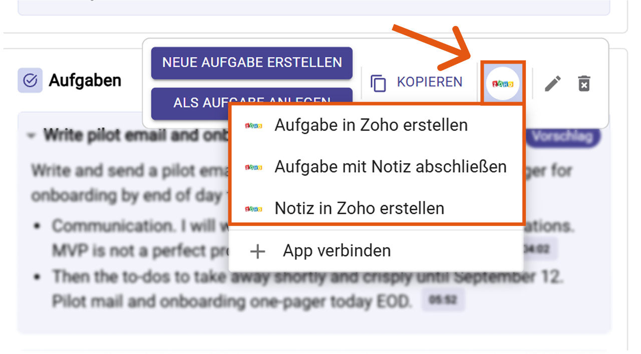 Zoho Aktionsmenü mit Aufgabe erstellen, Aufgabe mit Notiz schließen, Notiz erstellen