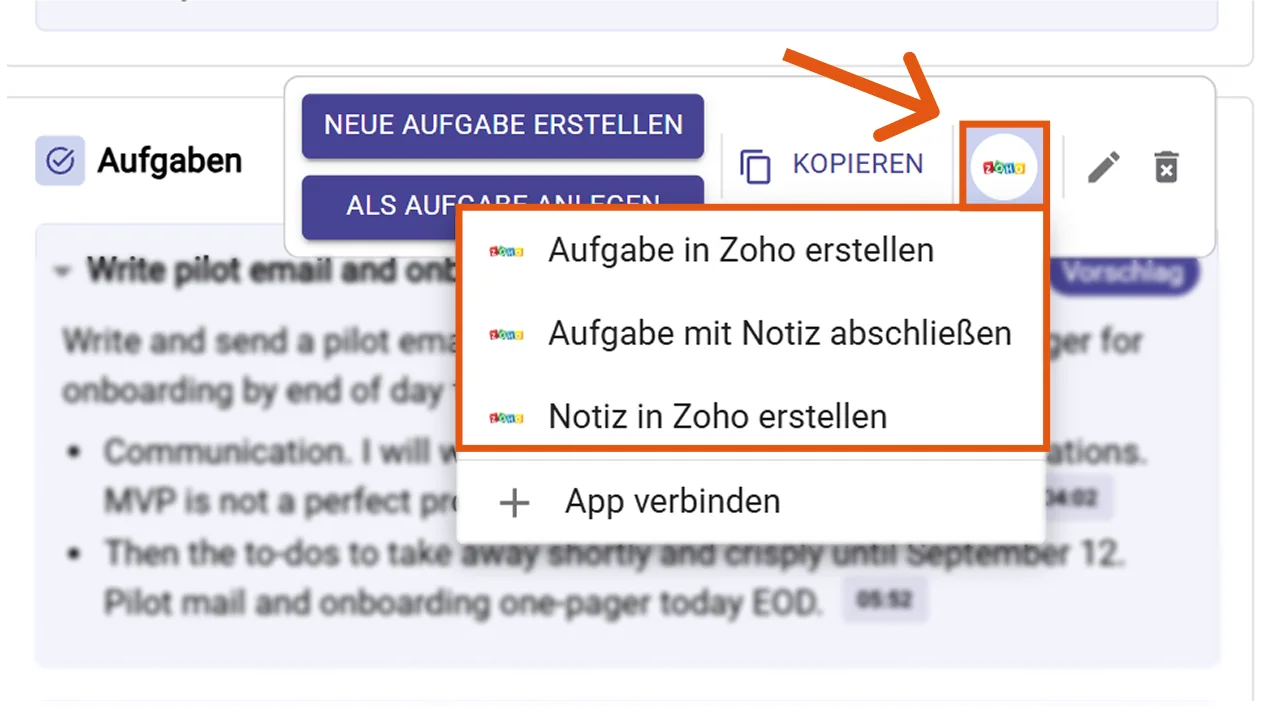 Zoho Aktionsmenü mit Aufgabe erstellen, Aufgabe mit Notiz schließen, Notiz erstellen
