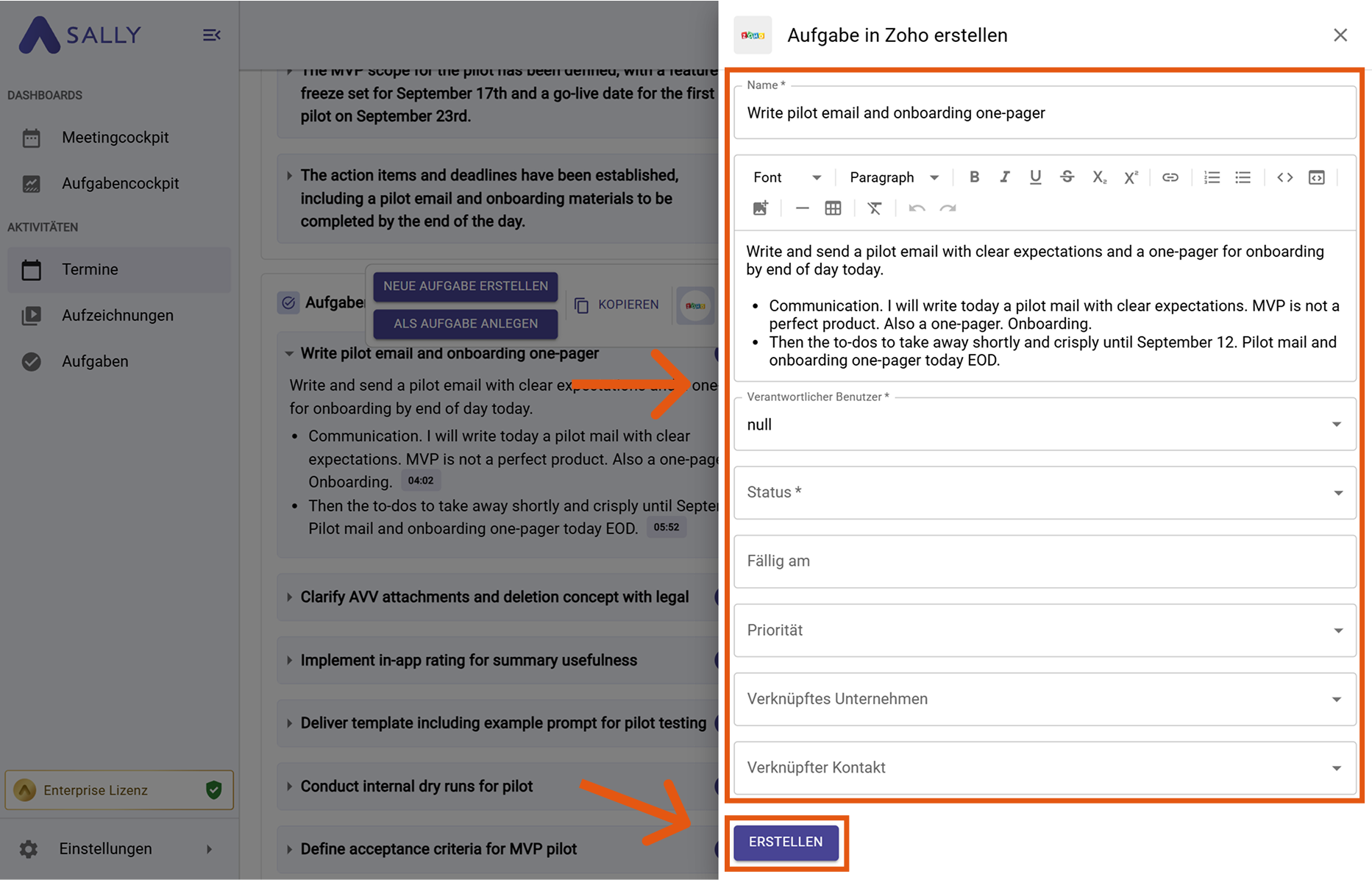 Aufgabe in Zoho Formular mit Feldern wie Verantwortlicher Benutzer, Status, Fälligkeitsdatum, Priorität, Verknüpfungen