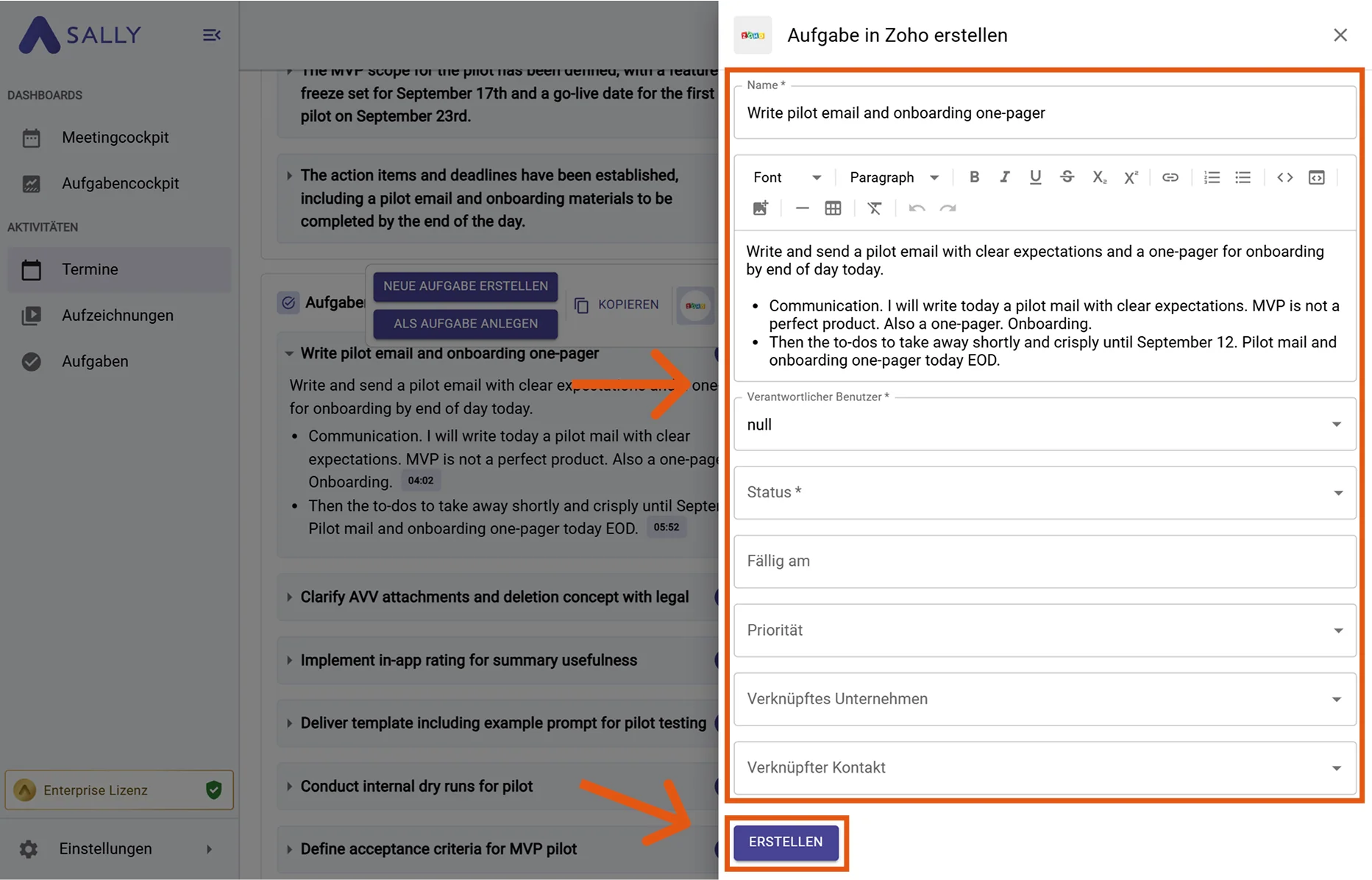 Aufgabe in Zoho Formular mit Feldern wie Verantwortlicher Benutzer, Status, Fälligkeitsdatum, Priorität, Verknüpfungen