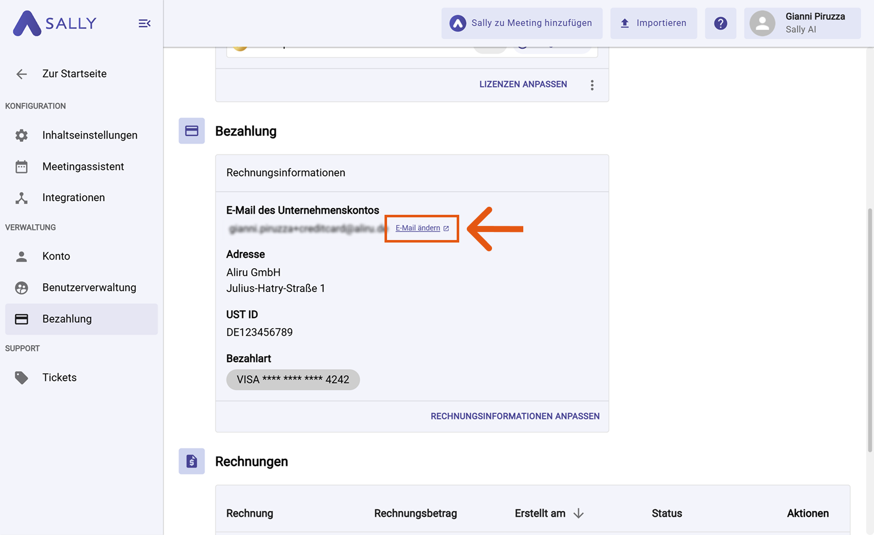 Sally Einstellungen mit hervorgehobener Bezahlungssektion