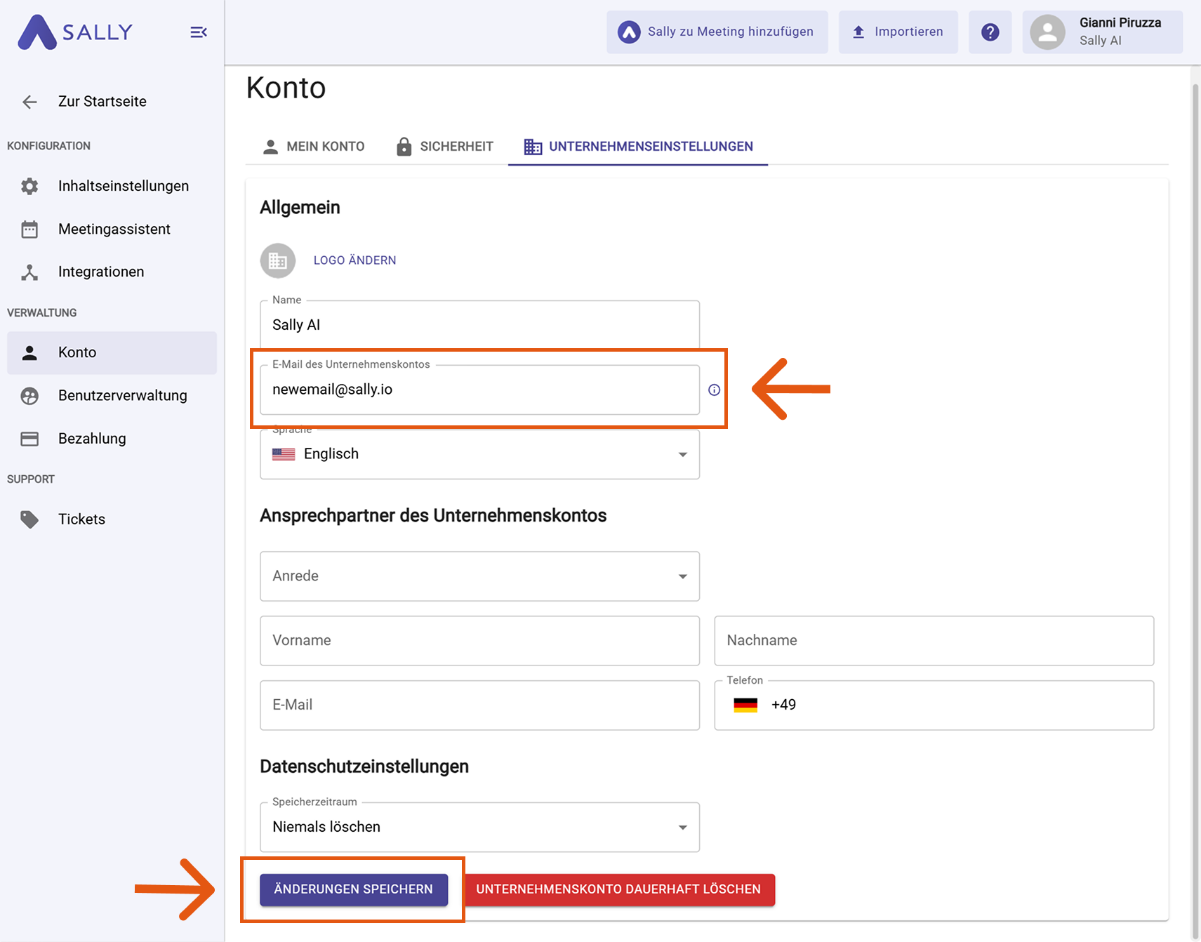 Zahlungseinstellungen in Sally mit hervorgehobener Option E-Mail ändern