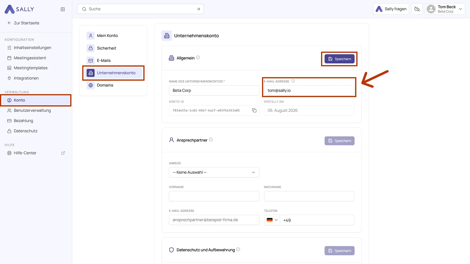 Bereich Unternehmenskonto in den Einstellungen mit dem markierten Feld E-Mail-Adresse und dem Button Speichern