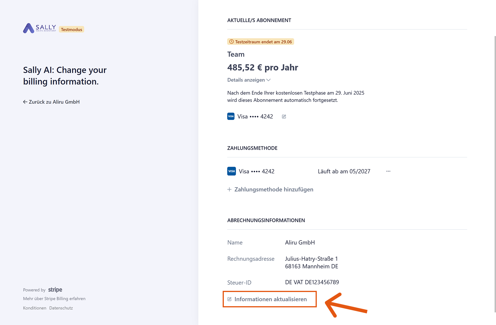 Rechnungsübersicht mit hervorgehobener Schaltfläche Informationen aktualisieren