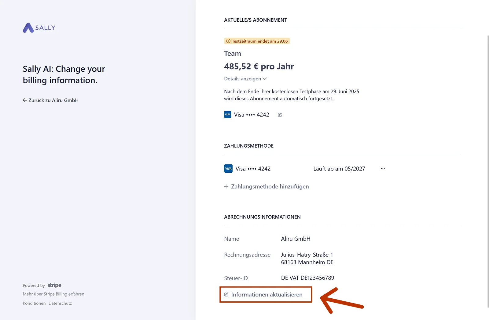 Kundenportal von Stripe mit dem Abschnitt Abrechnungsinformationen und dem markierten Eintrag Informationen aktualisieren