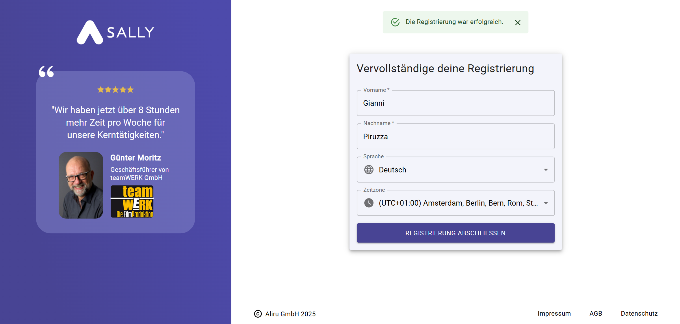 Sally AI Registrierung abschließen
