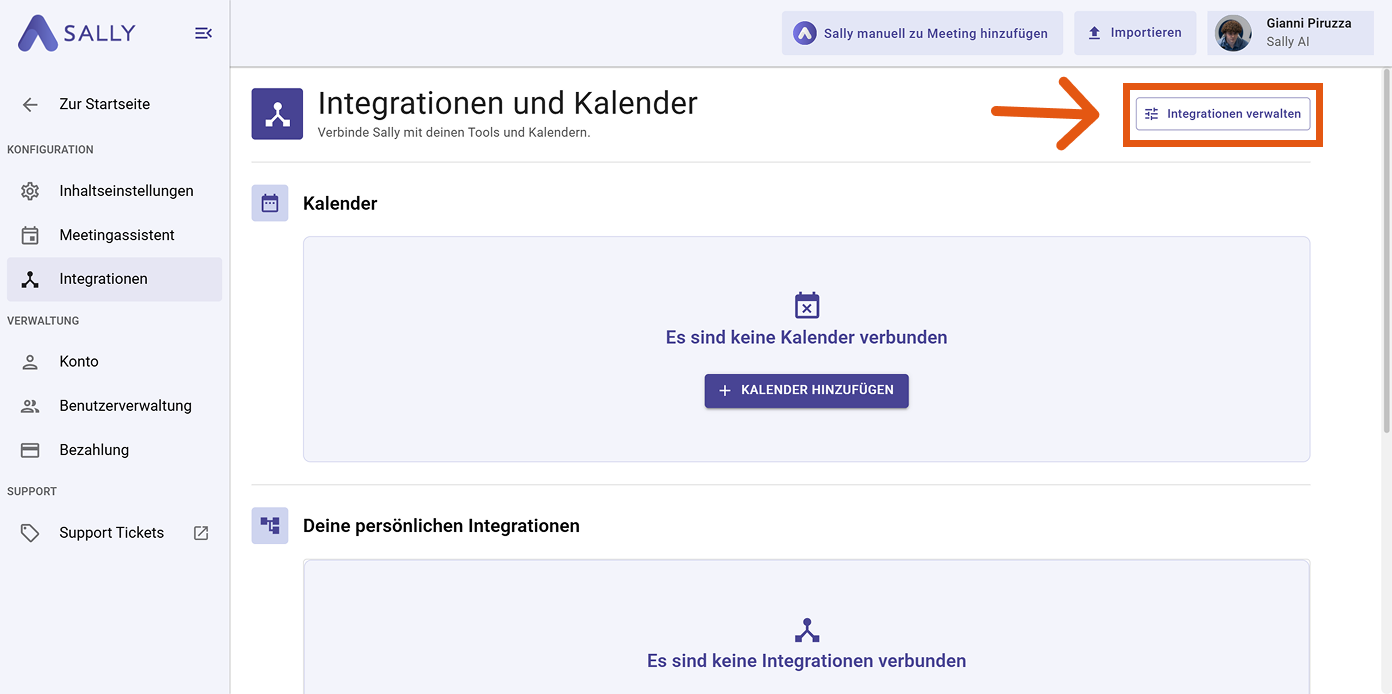 Seite Integrationen mit markierter Schaltfläche Integrationen verwalten
