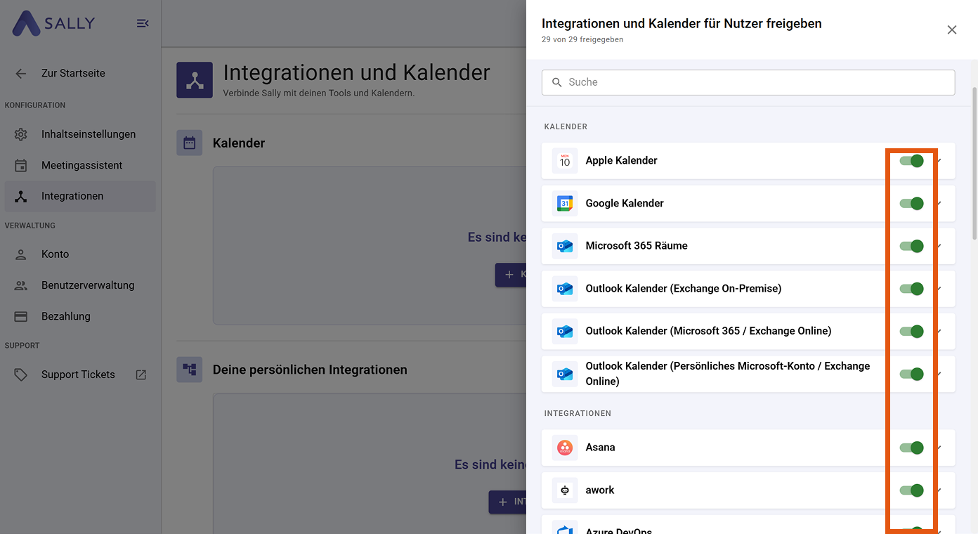 Bereich Integrationen und Kalender für Nutzer freigeben mit getrennten Abschnitten für Kalender und Integrationen