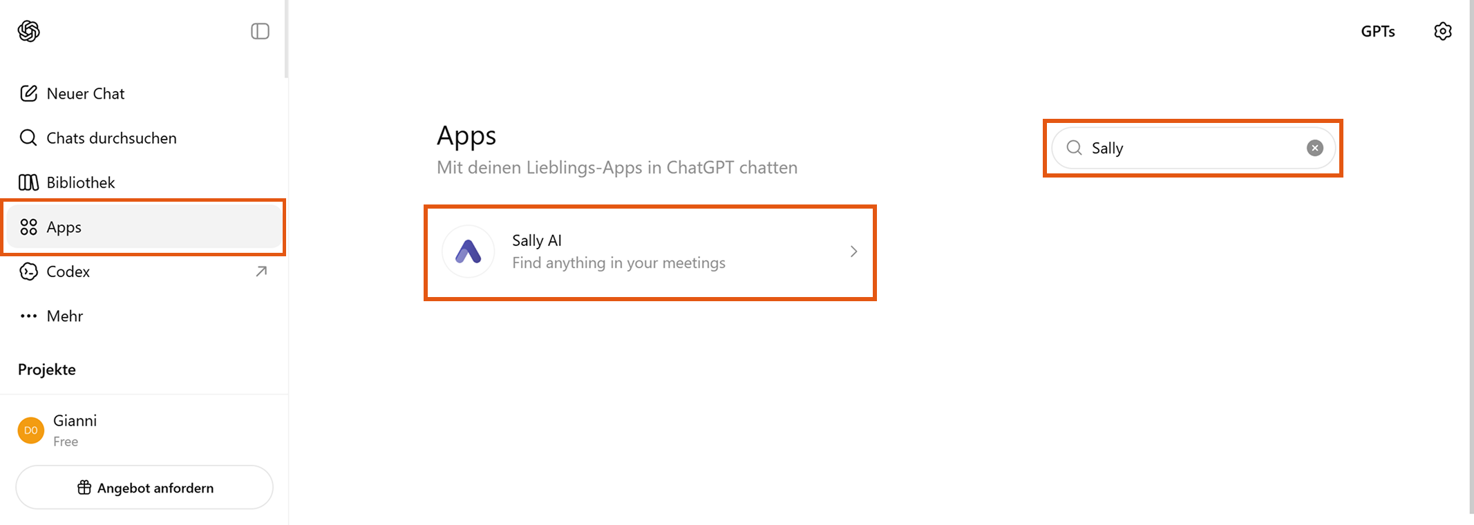 ChatGPT Apps-Seite mit Sally im Suchfeld und der Sally AI Kachel in der Ergebnisliste