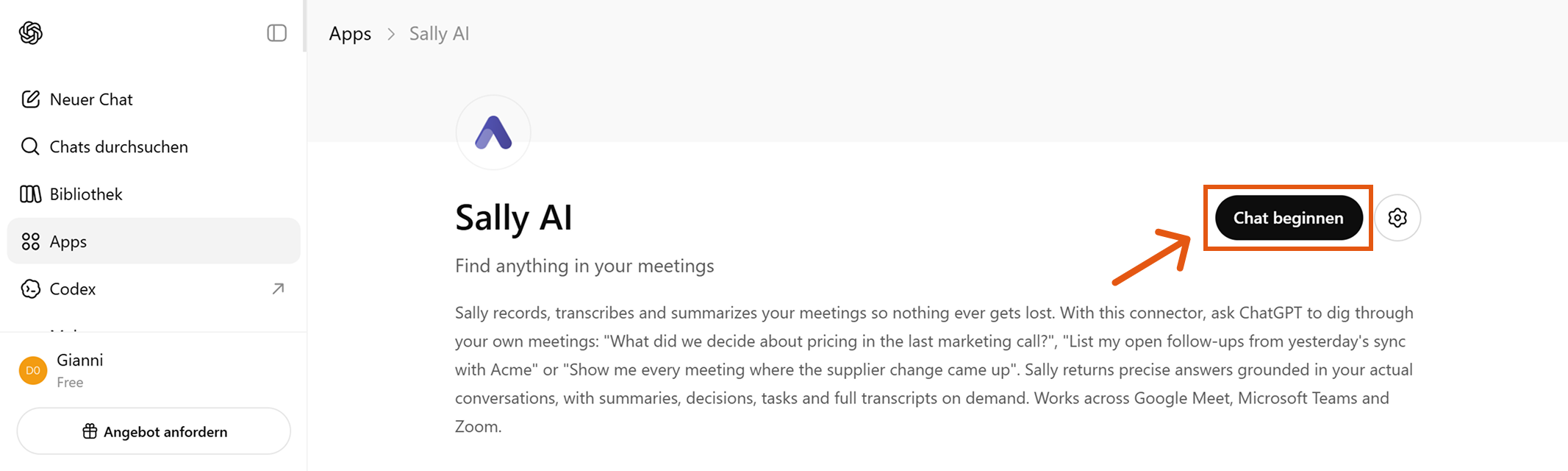 Sally AI App-Seite in ChatGPT nach erfolgreicher Verbindung mit dem Button Chat beginnen oben rechts