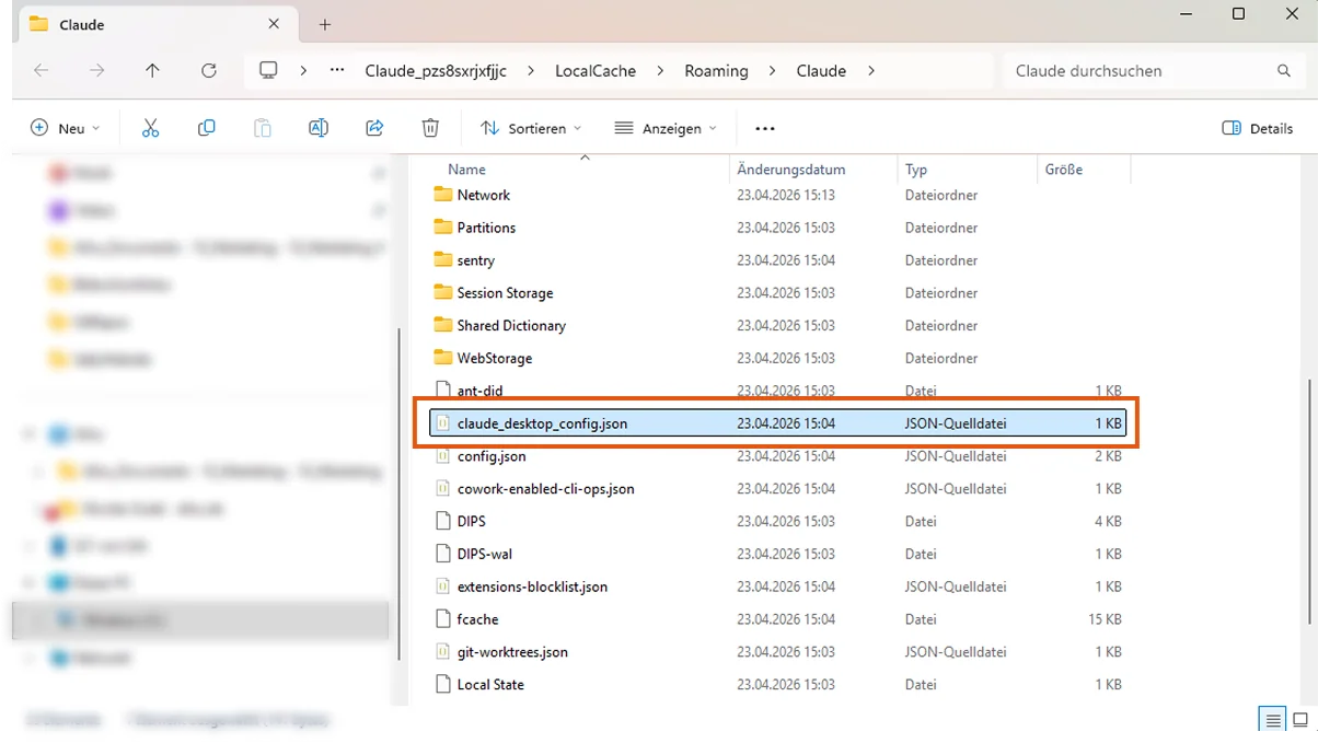 Windows Explorer mit der Datei claude_desktop_config.json im Claude-AppData-Ordner