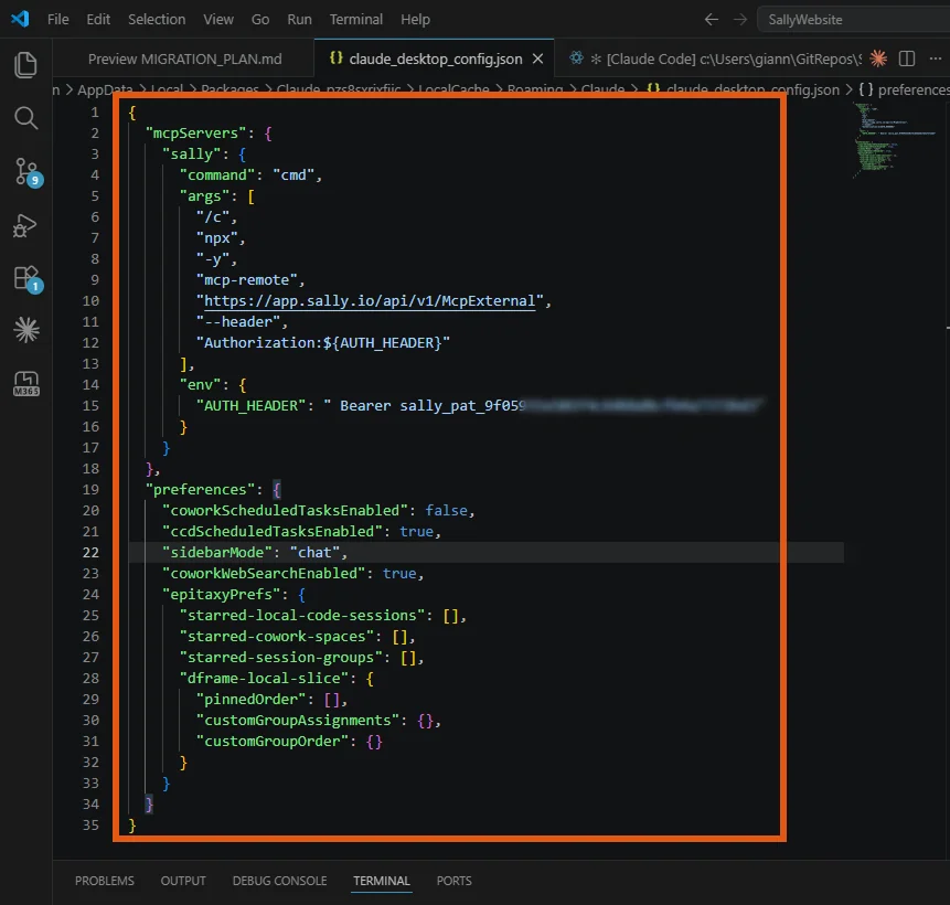 claude_desktop_config.json geöffnet in VS Code mit der Sally MCP-Server-Konfiguration inklusive mcpServers- und env-Block