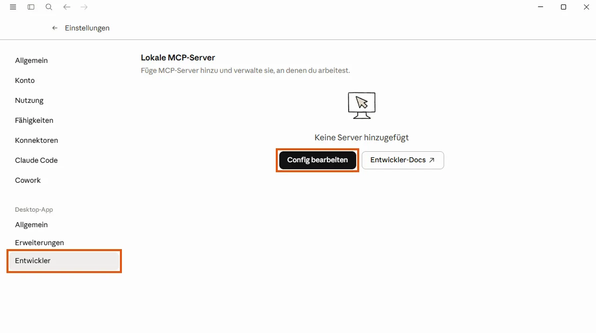 Claude Desktop Entwickler-Einstellungen mit hervorgehobenem Button Config bearbeiten