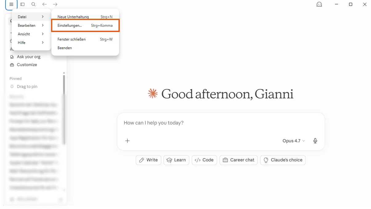 Claude Desktop Hamburger-Menü mit hervorgehobenem Eintrag Einstellungen