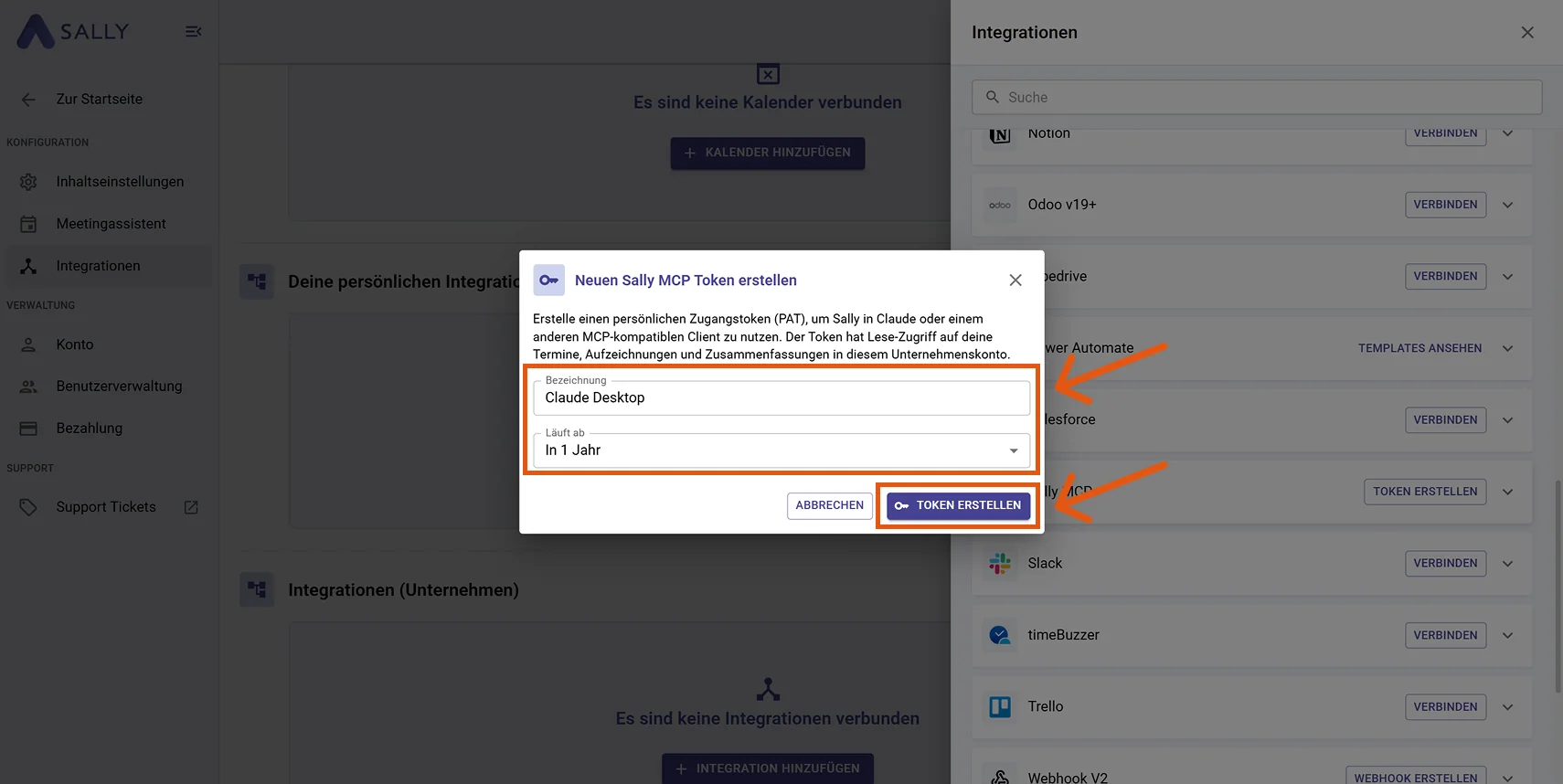 Dialog Neuen Sally MCP Token erstellen mit Bezeichnung Claude Desktop und Laufzeit