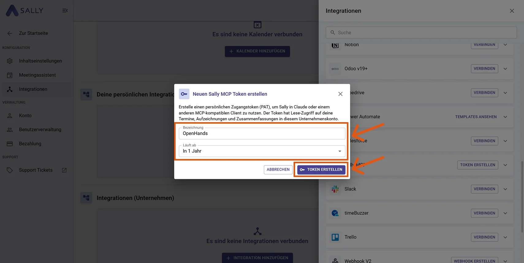 Dialog Neuen Sally MCP Token erstellen mit Bezeichnung OpenHands und Laufzeit