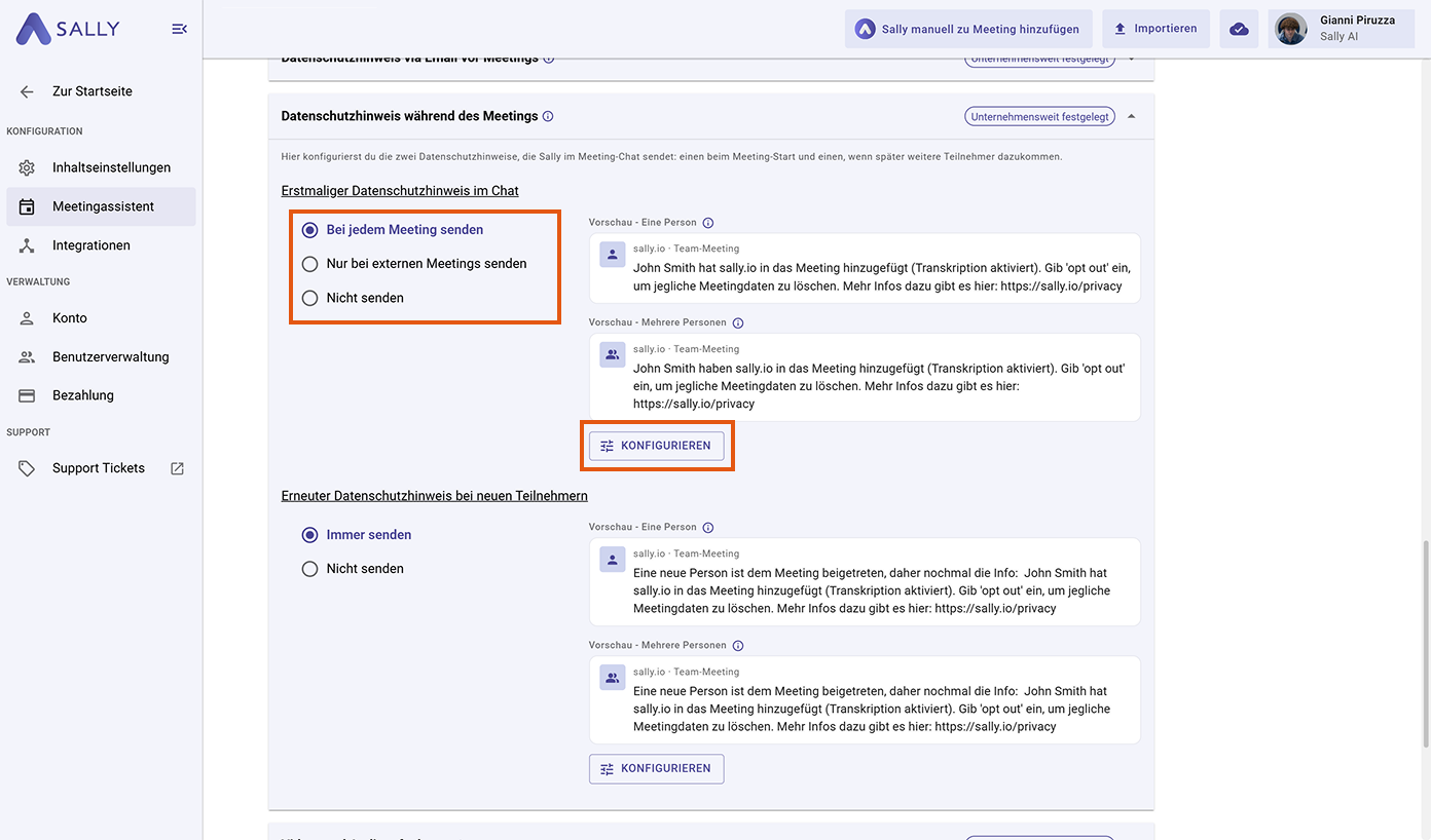 Erstmaliger Datenschutzhinweis im Chat mit drei Sende-Optionen und hervorgehobenem Konfigurieren-Button