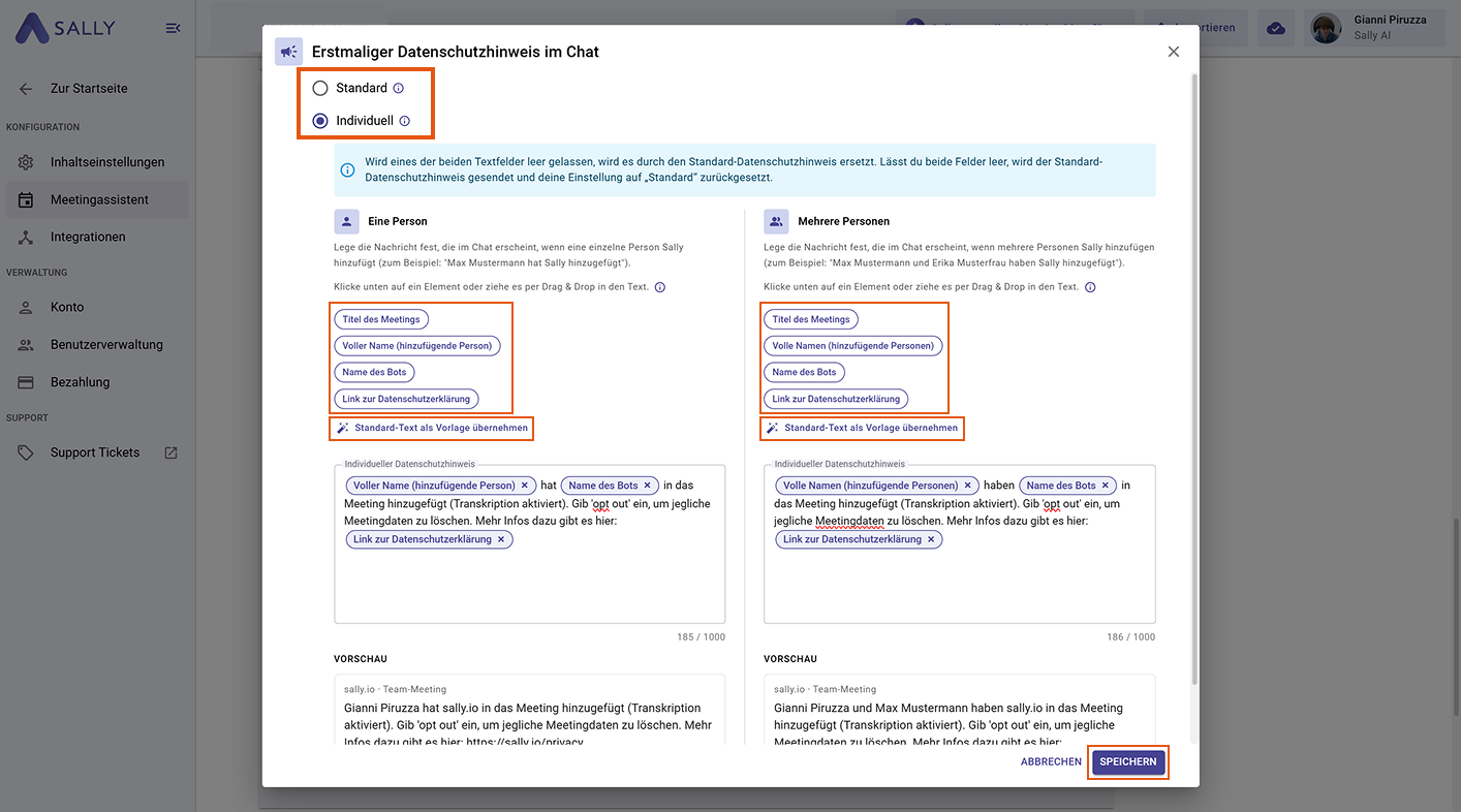 Popup Erstmaliger Datenschutzhinweis im Chat mit Standard/Individuell-Umschalter, Editoren für eine und mehrere Personen, Parameter-Chips und Live-Vorschau