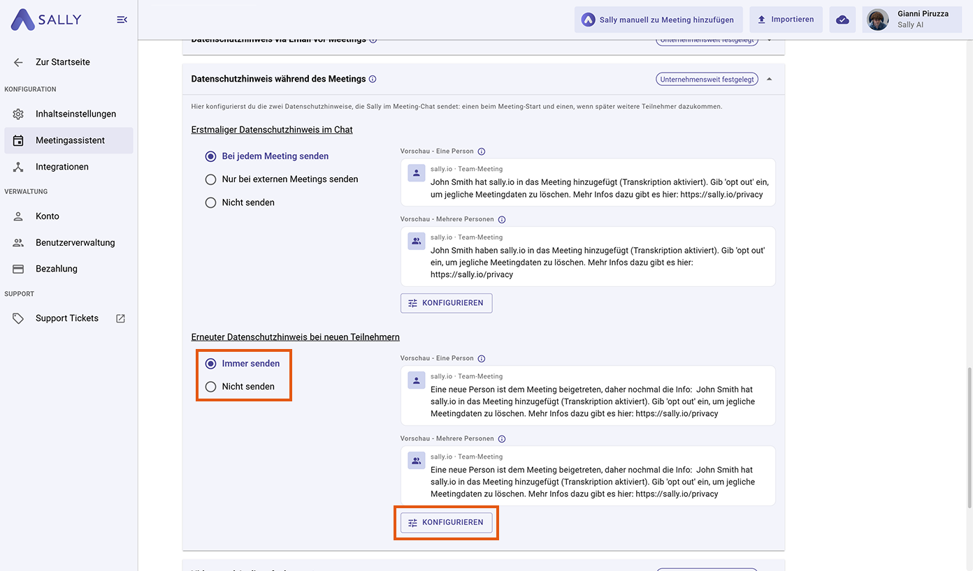 Erneuter Datenschutzhinweis bei neuen Teilnehmern mit Immer senden/Nicht senden und hervorgehobenem Konfigurieren-Button