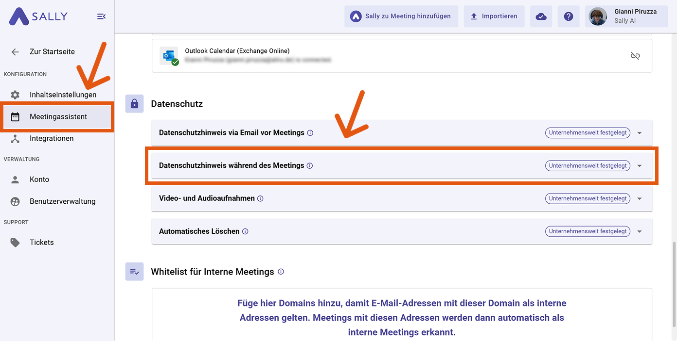 Meetingassistent-Einstellungen mit hervorgehobenem Bereich Datenschutz und dem Punkt Datenschutzhinweis während des Meetings