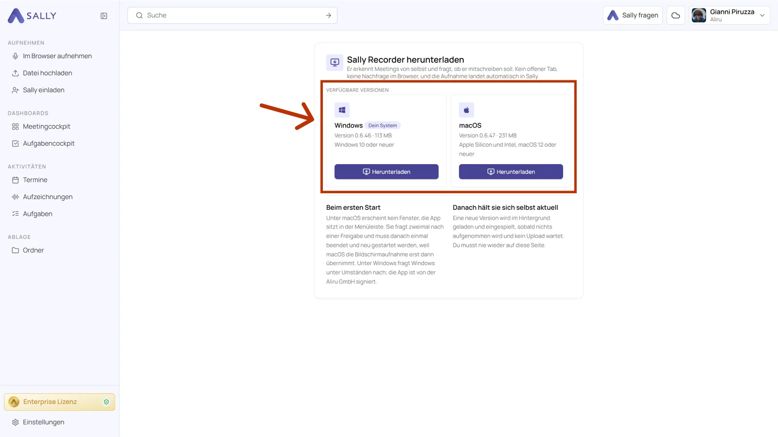 Downloadseite des Sally Recorders mit den markierten Fassungen für Windows und macOS und ihren Downloadknöpfen