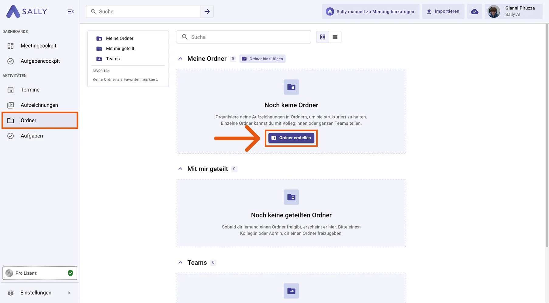 Ordner-Übersicht mit dem Button zum Erstellen eines Ordners