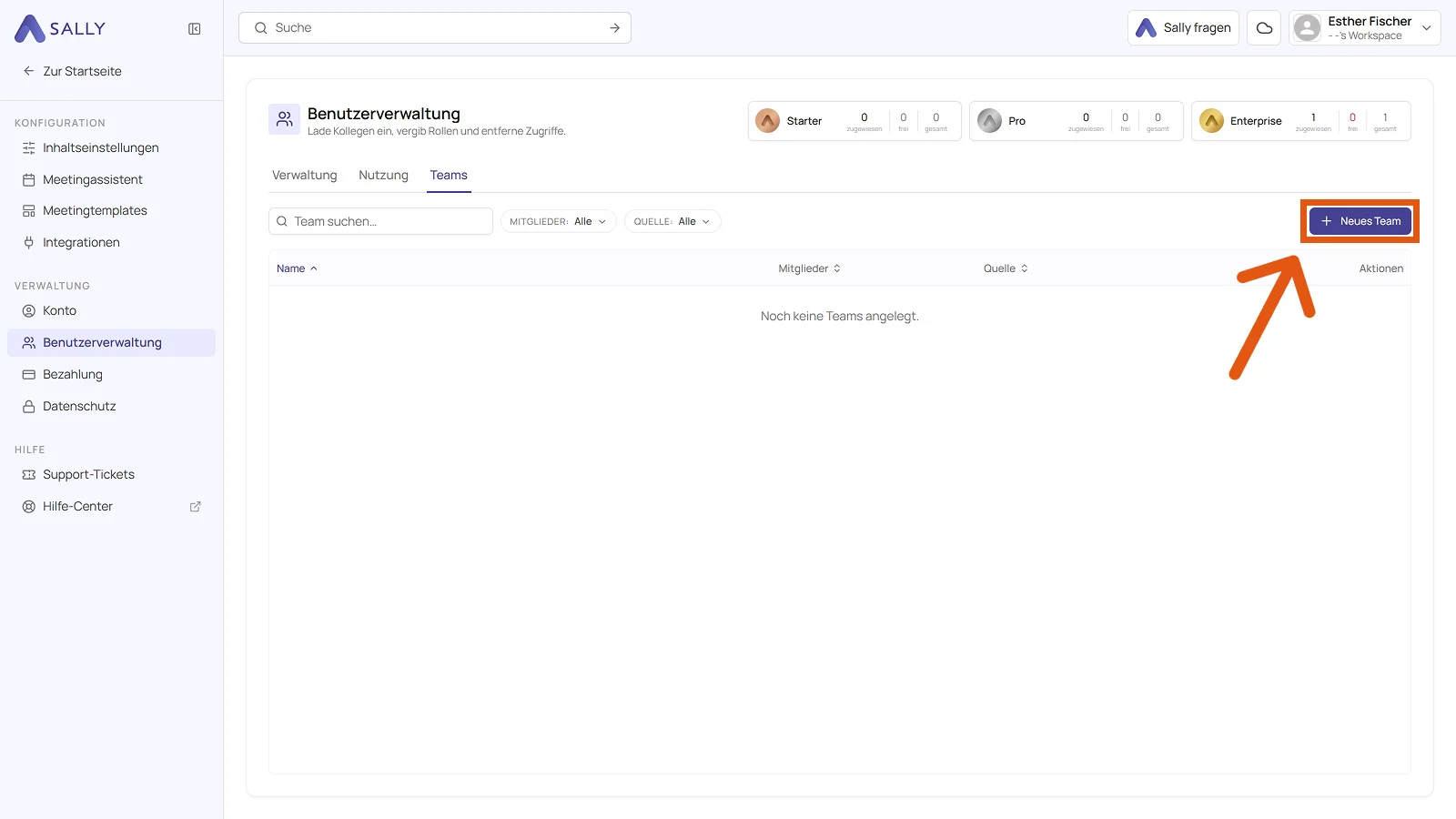 Tab Teams in der Benutzerverwaltung mit dem Button Neues Team