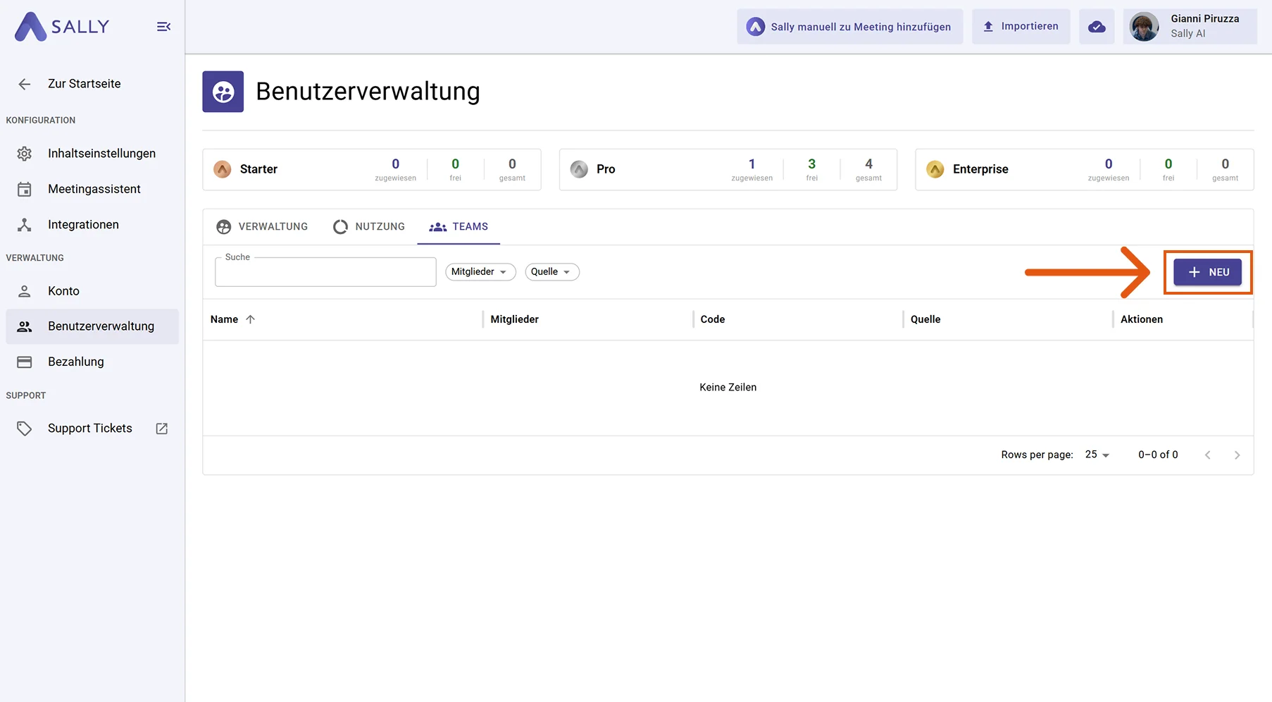 Teams-Tab in der Benutzerverwaltung mit Neu-Button