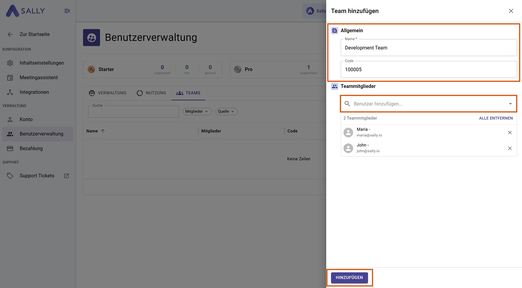 Dialog Team hinzufügen mit Name, Code und Mitgliedern