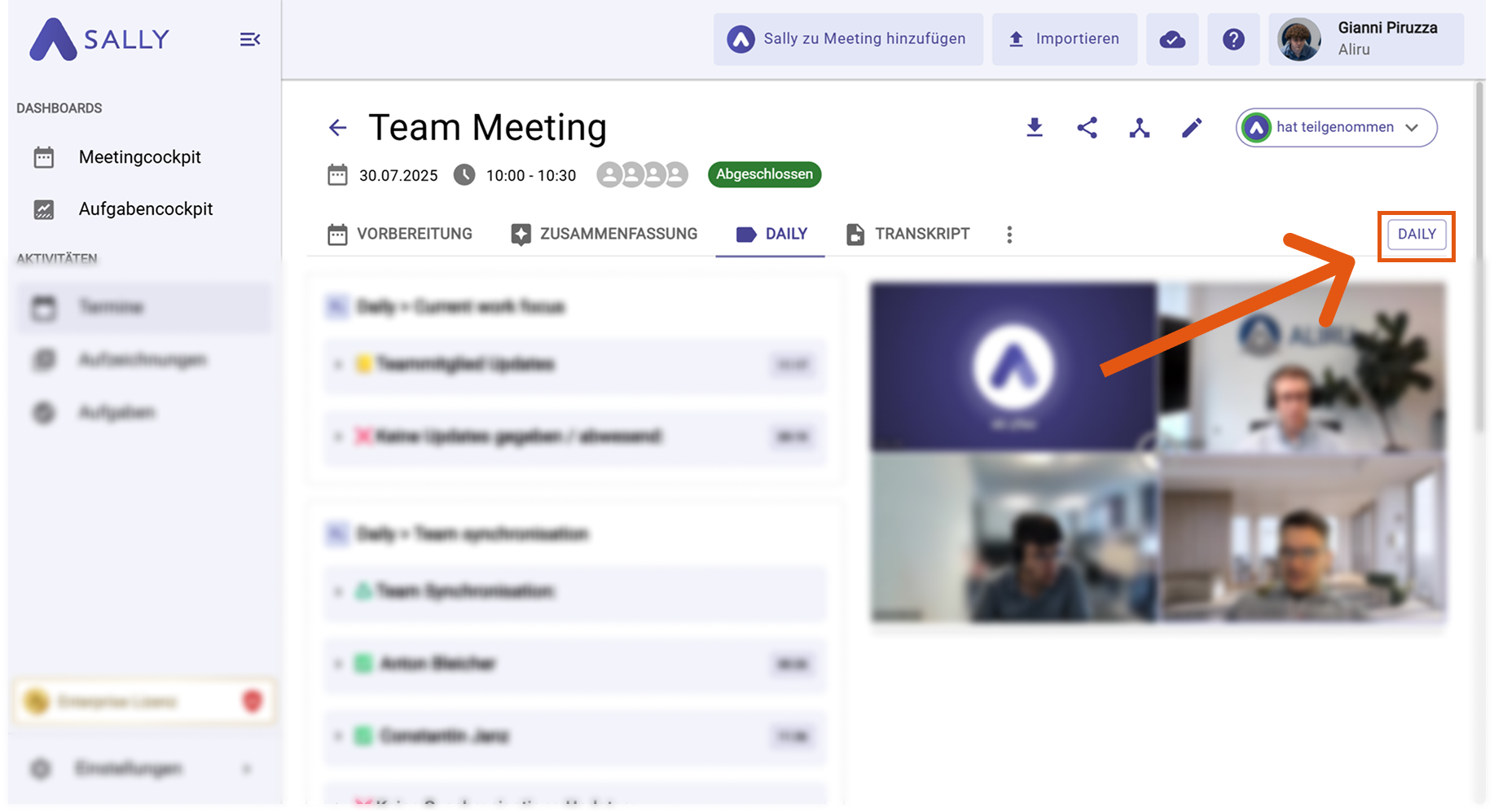 Meeting-Typ auf Daily gesetzt in Sally