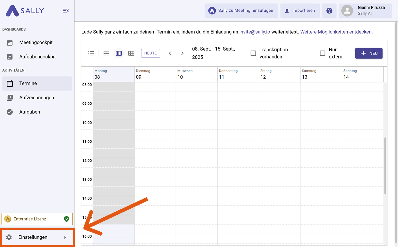 Sally Kalenderansicht mit hervorgehobenen Einstellungen in der linken Seitenleiste