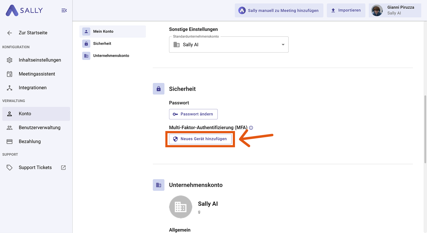 Sicherheitseinstellungen mit hervorgehobenem Bereich Multi-Faktor-Authentifizierung und dem Button Neues Gerät hinzufügen