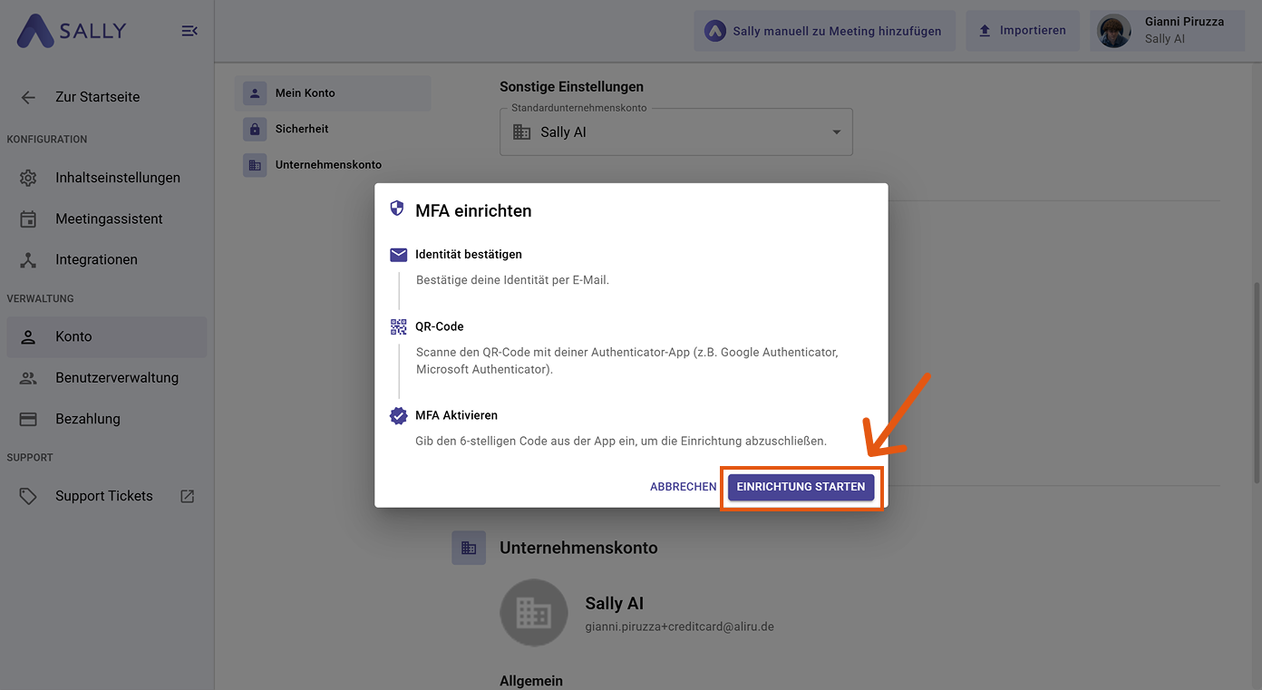 MFA einrichten Dialog mit den drei Schritten: Identität bestätigen, QR Code und MFA Aktivieren