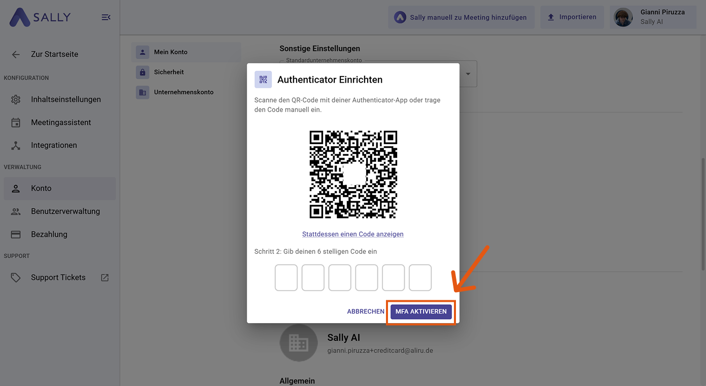 Authenticator Einrichten Dialog mit QR-Code und Eingabefeldern für den 6-stelligen Bestätigungscode