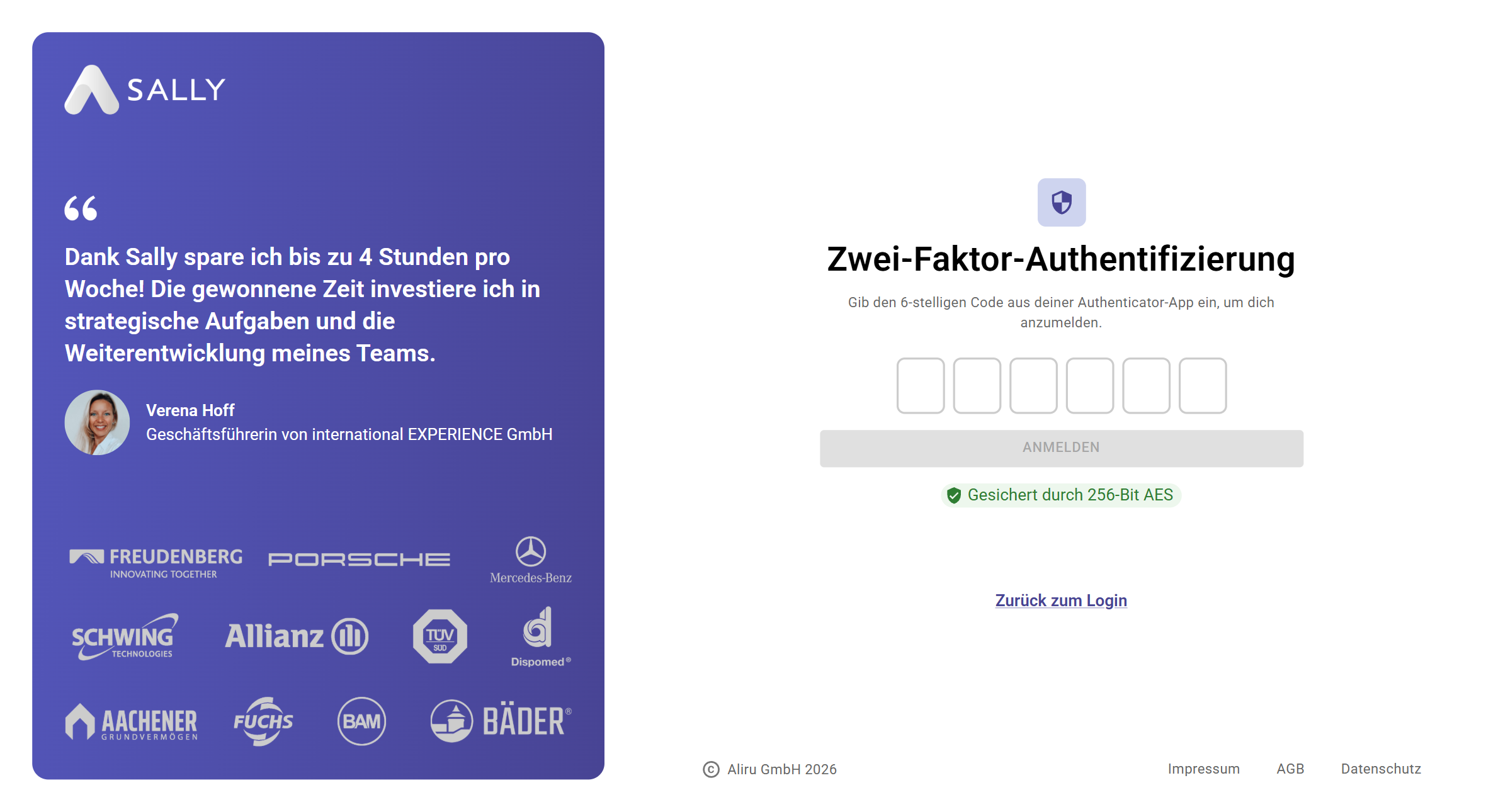 Sally Login-Bildschirm mit Abfrage des 6-stelligen Zwei-Faktor-Authentifizierungscodes
