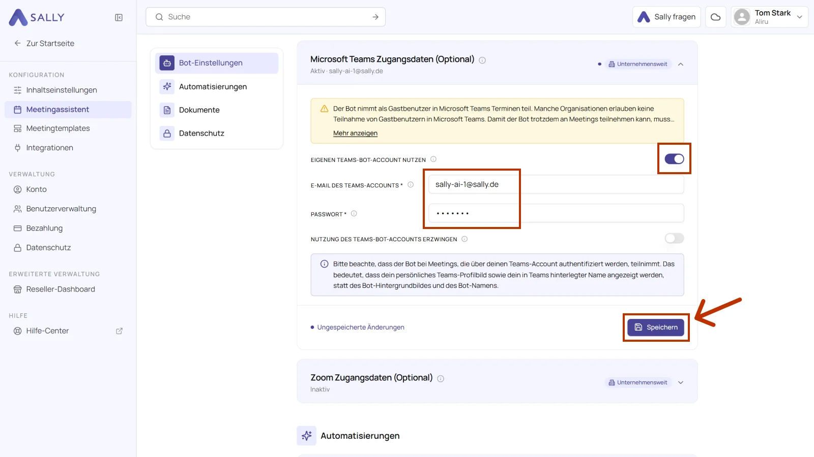 Authentifiziertes Teams-Konto in Sally