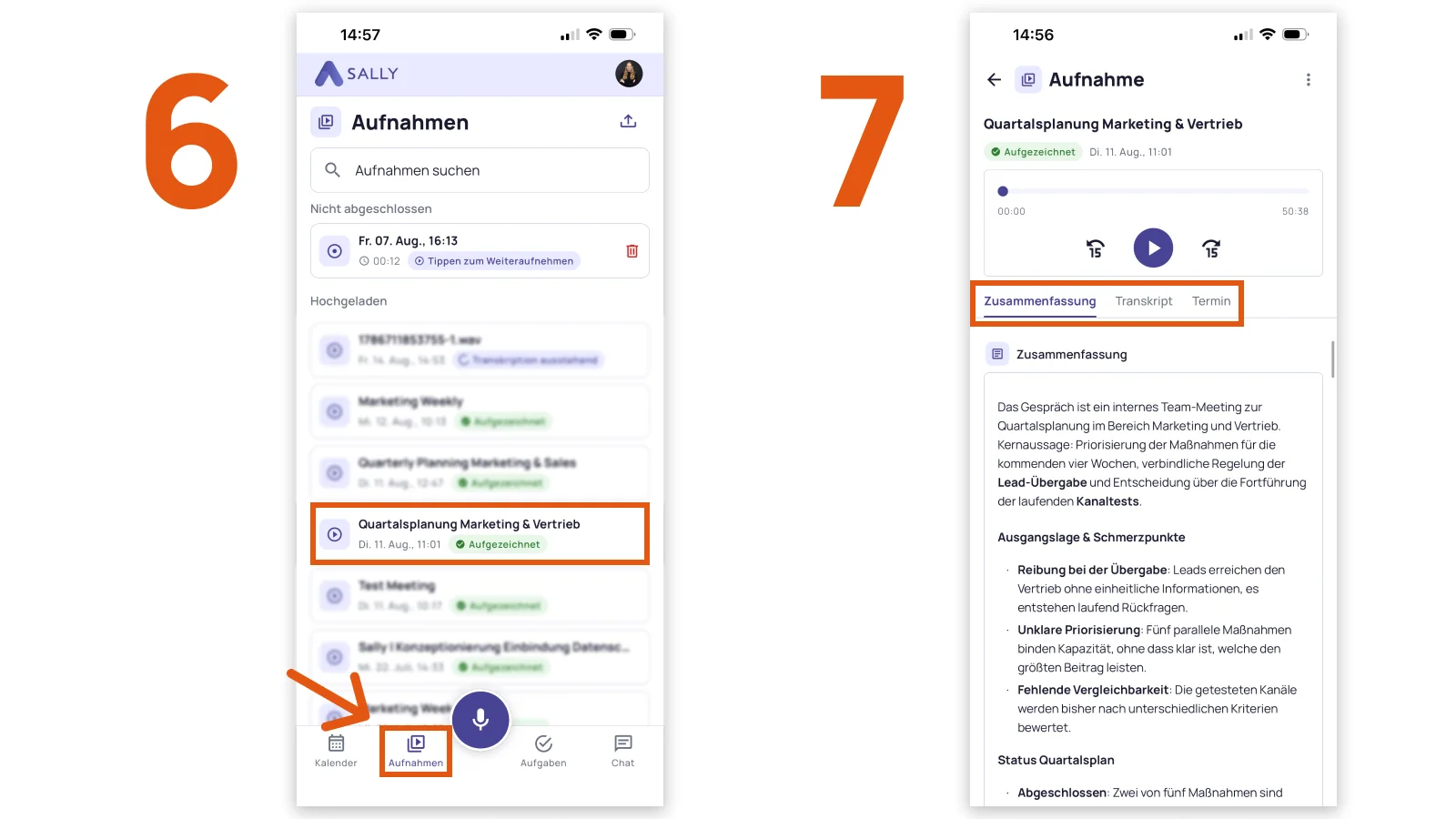 Aufnahmen-Liste und Zusammenfassung einer Aufnahme in der Sally App