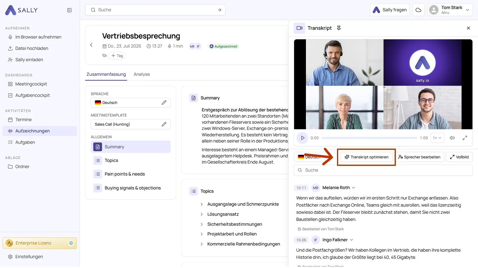 Sally Transkript-Ansicht mit hervorgehobenem Button 'Transkript optimieren'