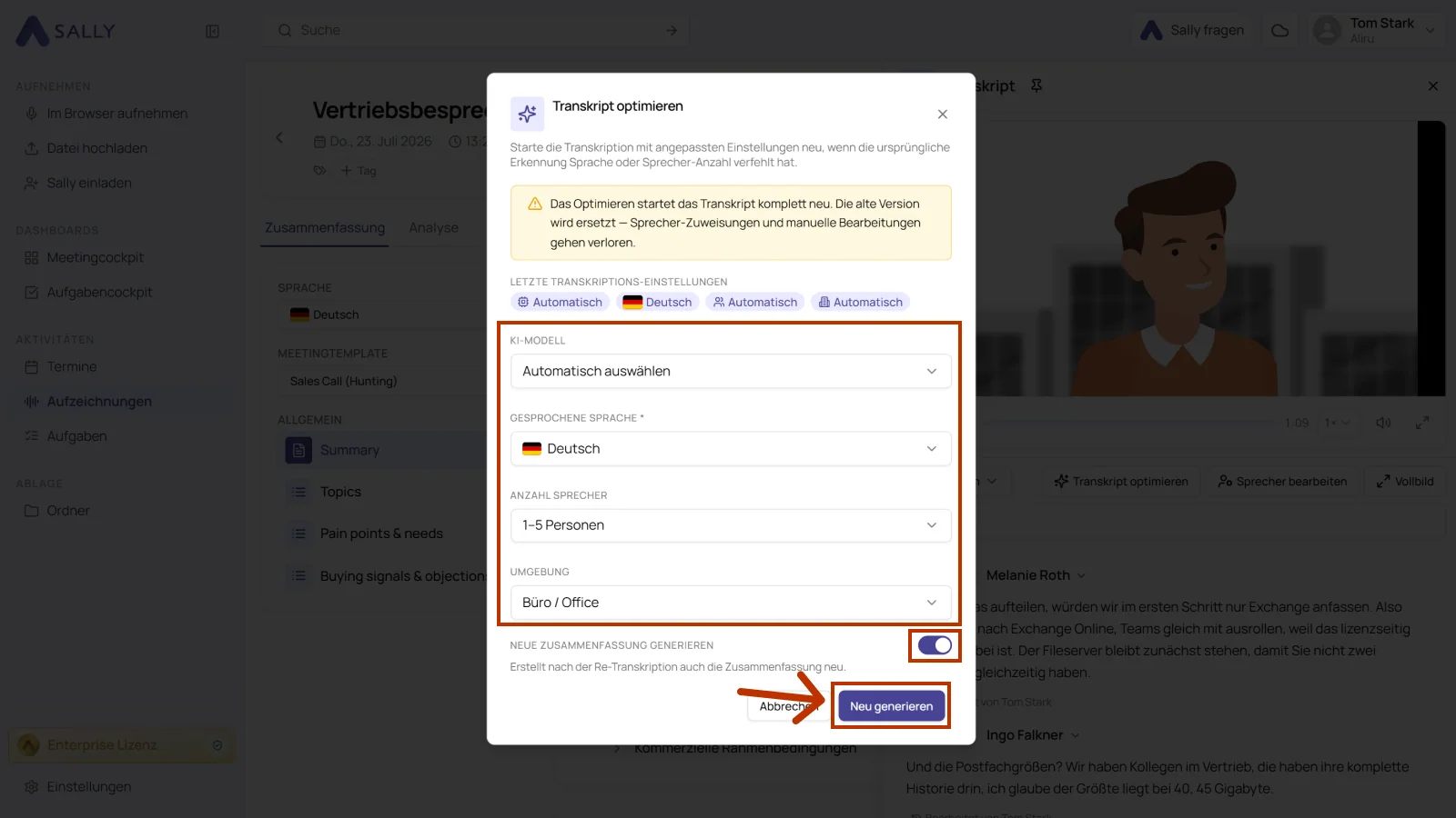 Optimierungsdialog mit KI-Modell, gesprochener Sprache, Anzahl Sprecher und Umgebung