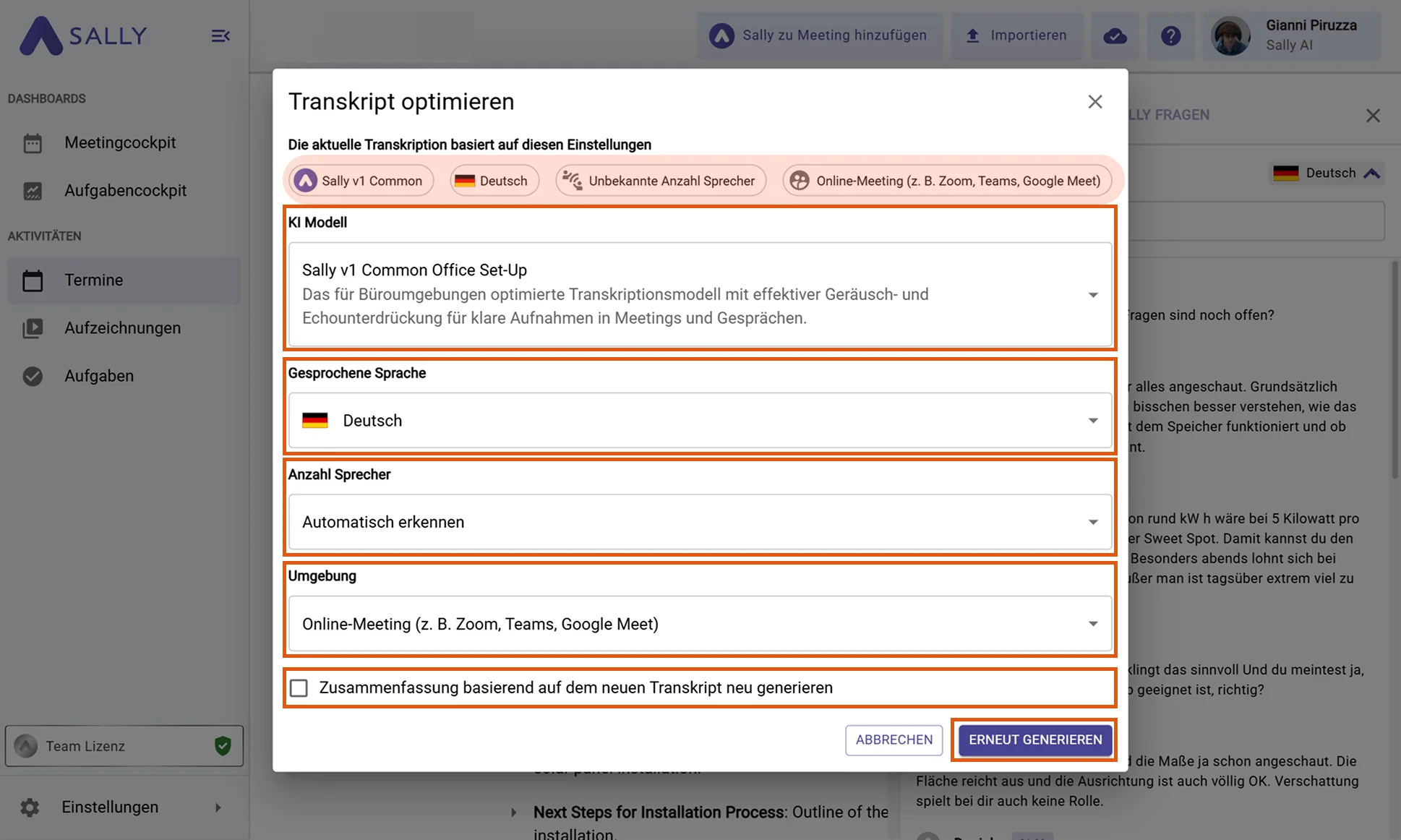 Sally Optimierungsdialog mit Einstellungen für KI-Modell, Sprache, Sprecherzahl und Umgebung
