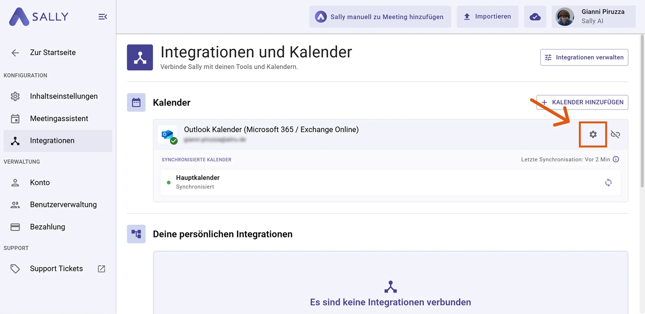 Sally Integrationsseite mit hervorgehobenem Zahnrad-Symbol neben dem verbundenen Outlook Kalender (Microsoft 365 / Exchange Online)