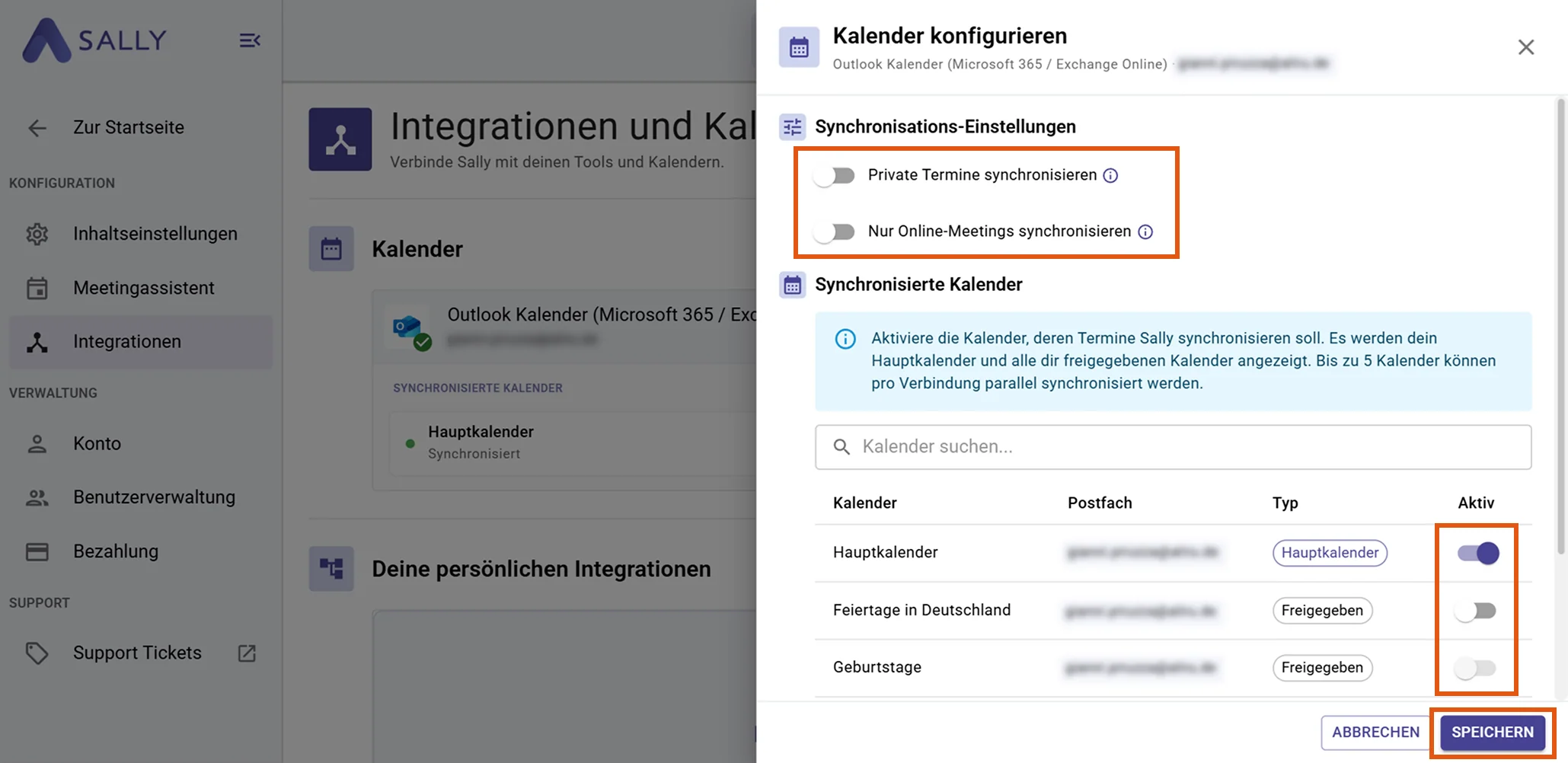 Dialog Kalender konfigurieren für Outlook Kalender mit Sync-Toggles und individueller Kalenderauswahl