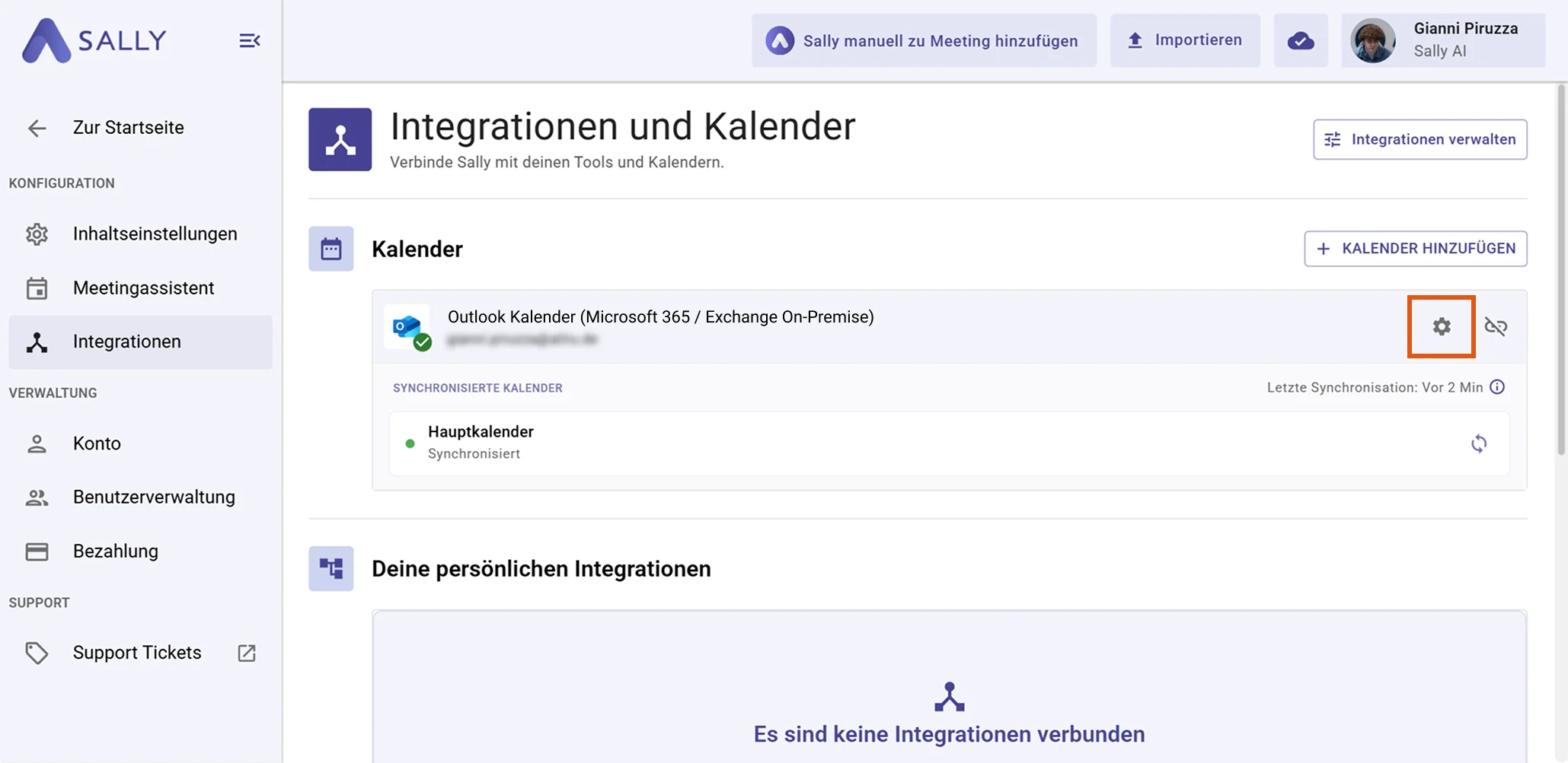 Sally Integrationsseite mit hervorgehobenem Zahnrad-Symbol neben dem verbundenen Outlook Kalender (Exchange On-Premise)
