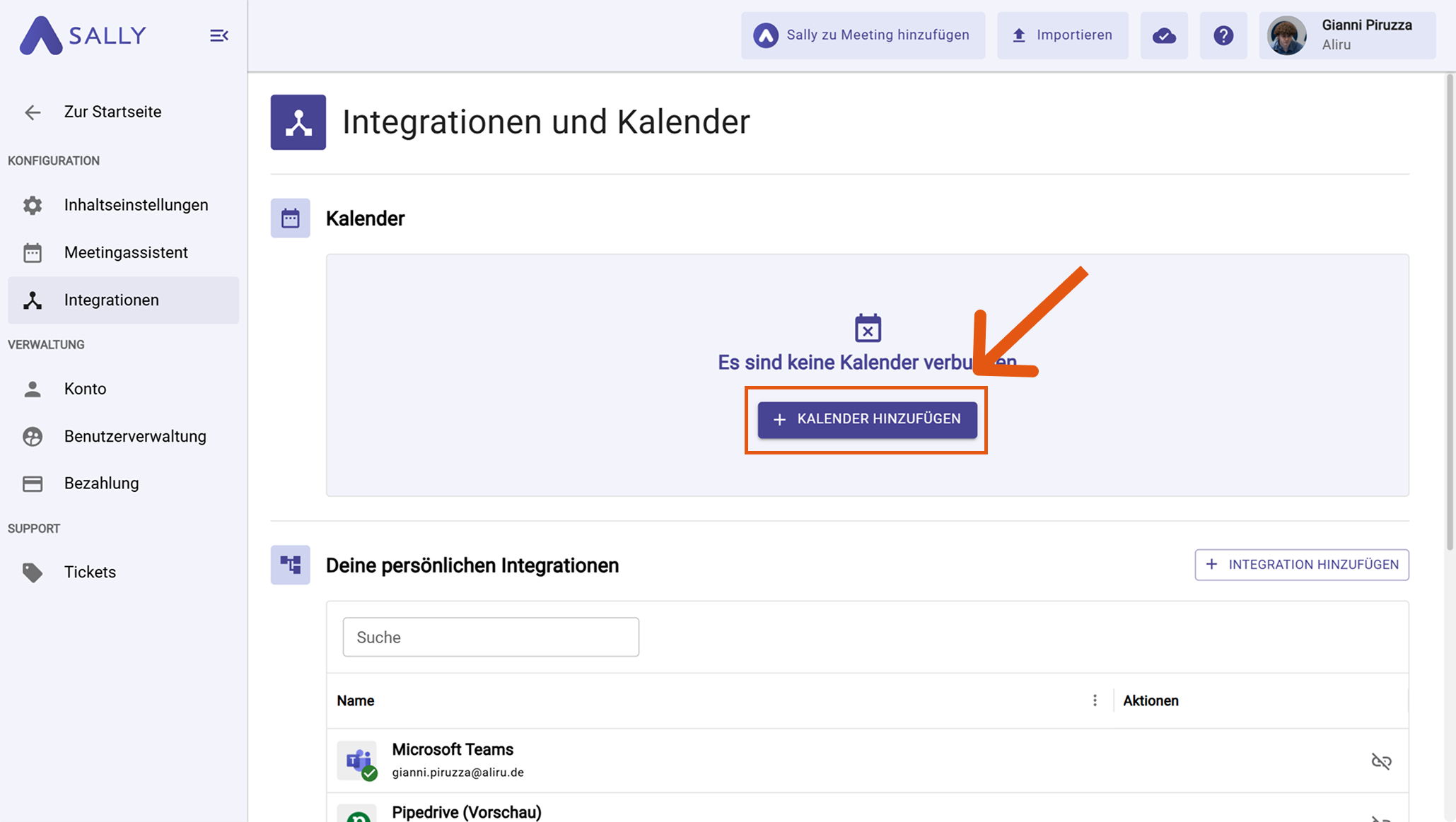 Sally Integrationen-Seite mit hervorgehobenem Button Kalender hinzufügen