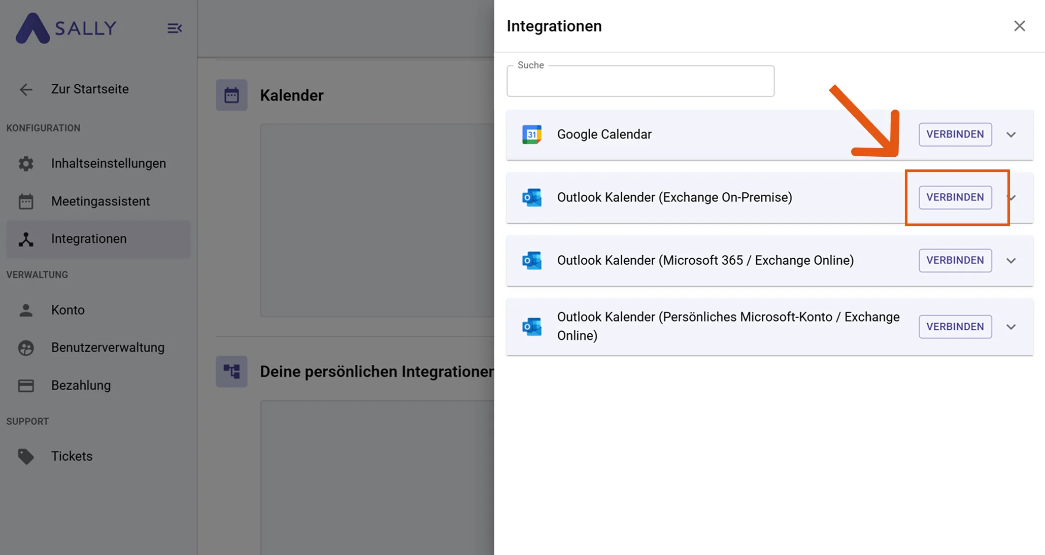 Sally Integration: Outlook On-Premise Auswahl