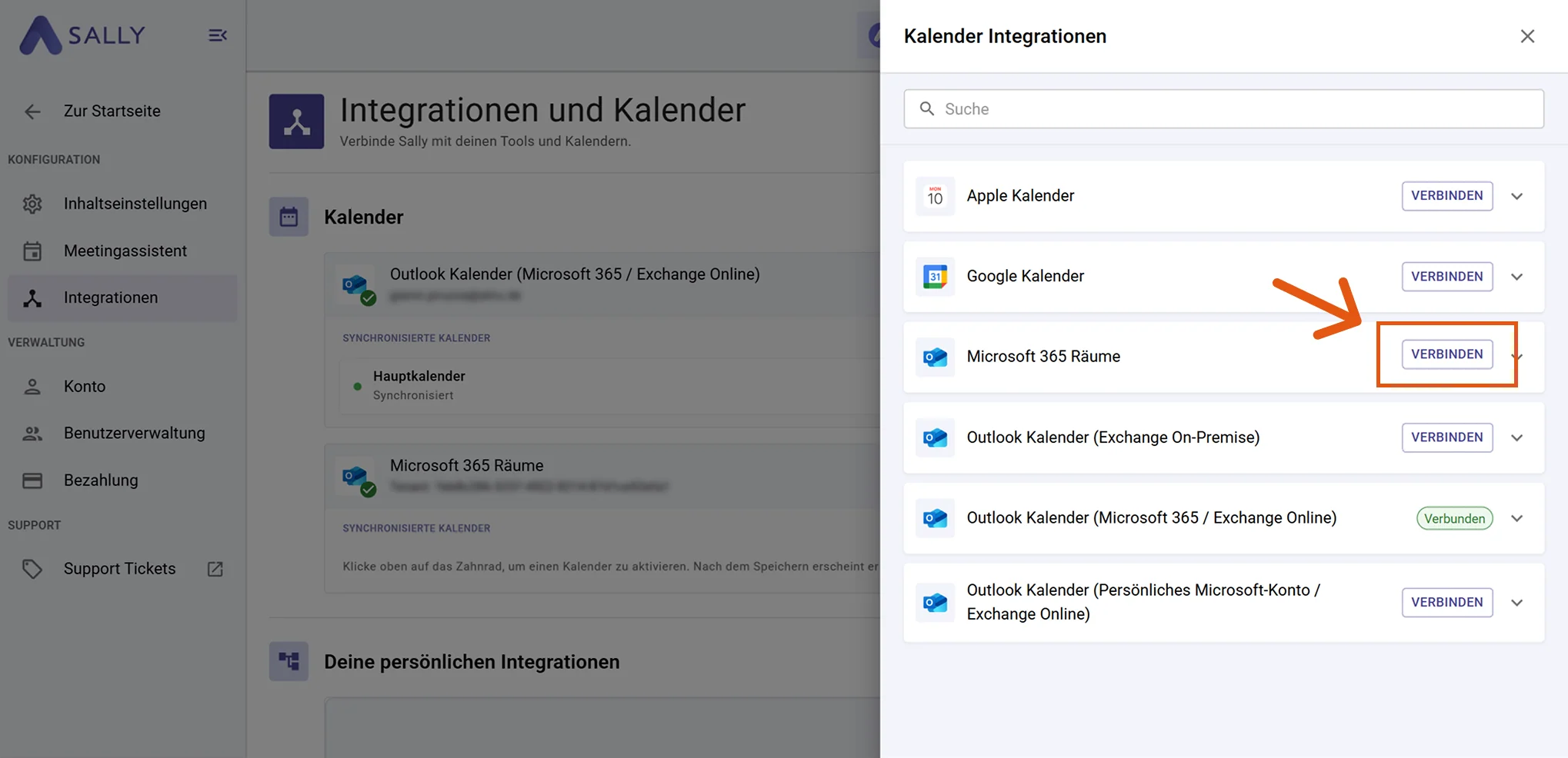Bereich Kalender Integrationen mit Microsoft 365 Räume und hervorgehobenem Verbinden-Button