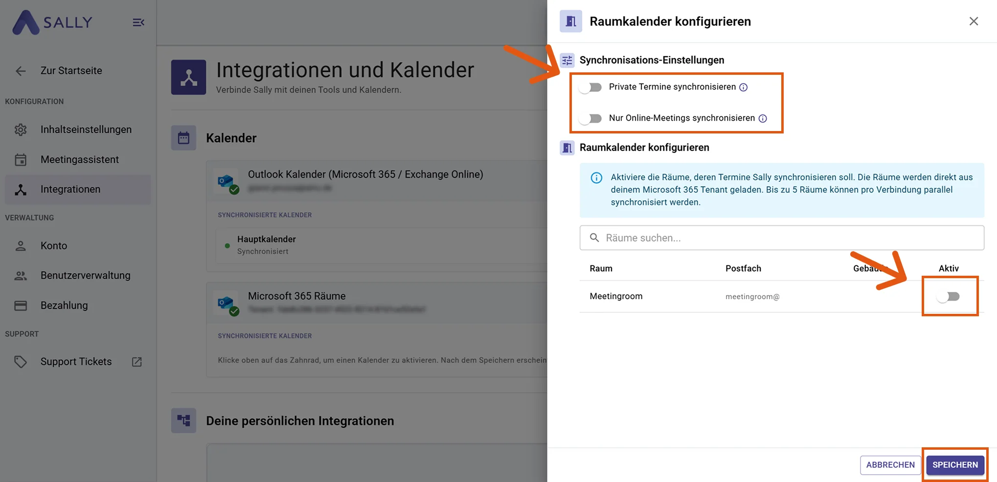 Dialog Raumkalender konfigurieren mit Sync-Toggles und einer Liste der Microsoft 365 Räume zur Aktivierung