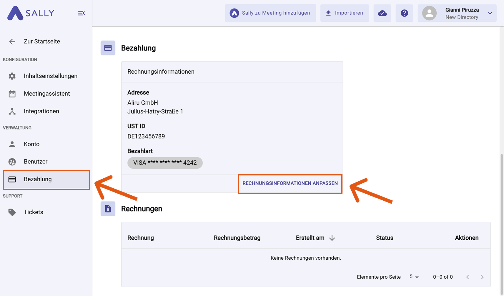 Zahlungsbereich in Sally mit Rechnungsinformationen und hervorgehobenem Button Rechnungsinformationen aktualisieren