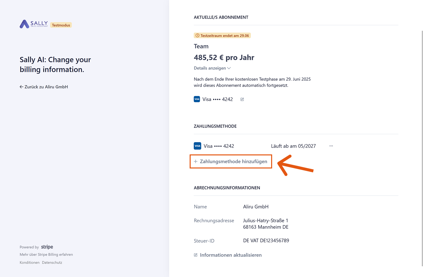 Zahlungsseite mit hervorgehobener Option +Zahlungsmethode hinzufügen